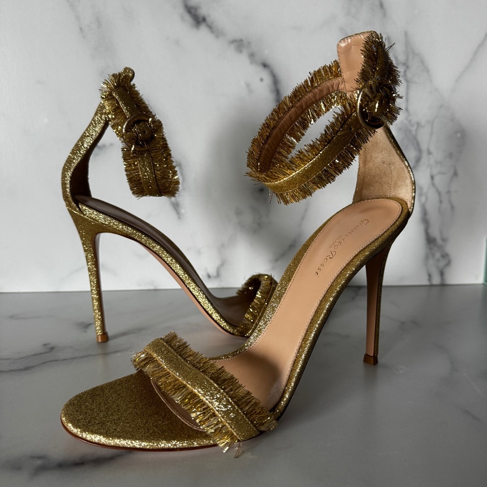 Gianvito Rossi Metallic Gold Fringe Ankle-Strap Sandals